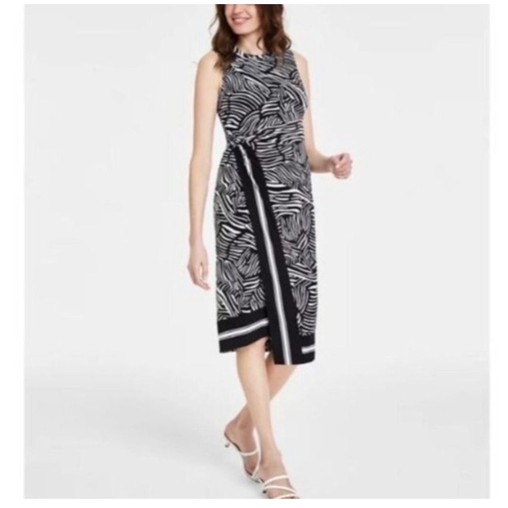 Michael Kors Women Black White Zebra Print Ring Faux Wrap Midi Dress Small